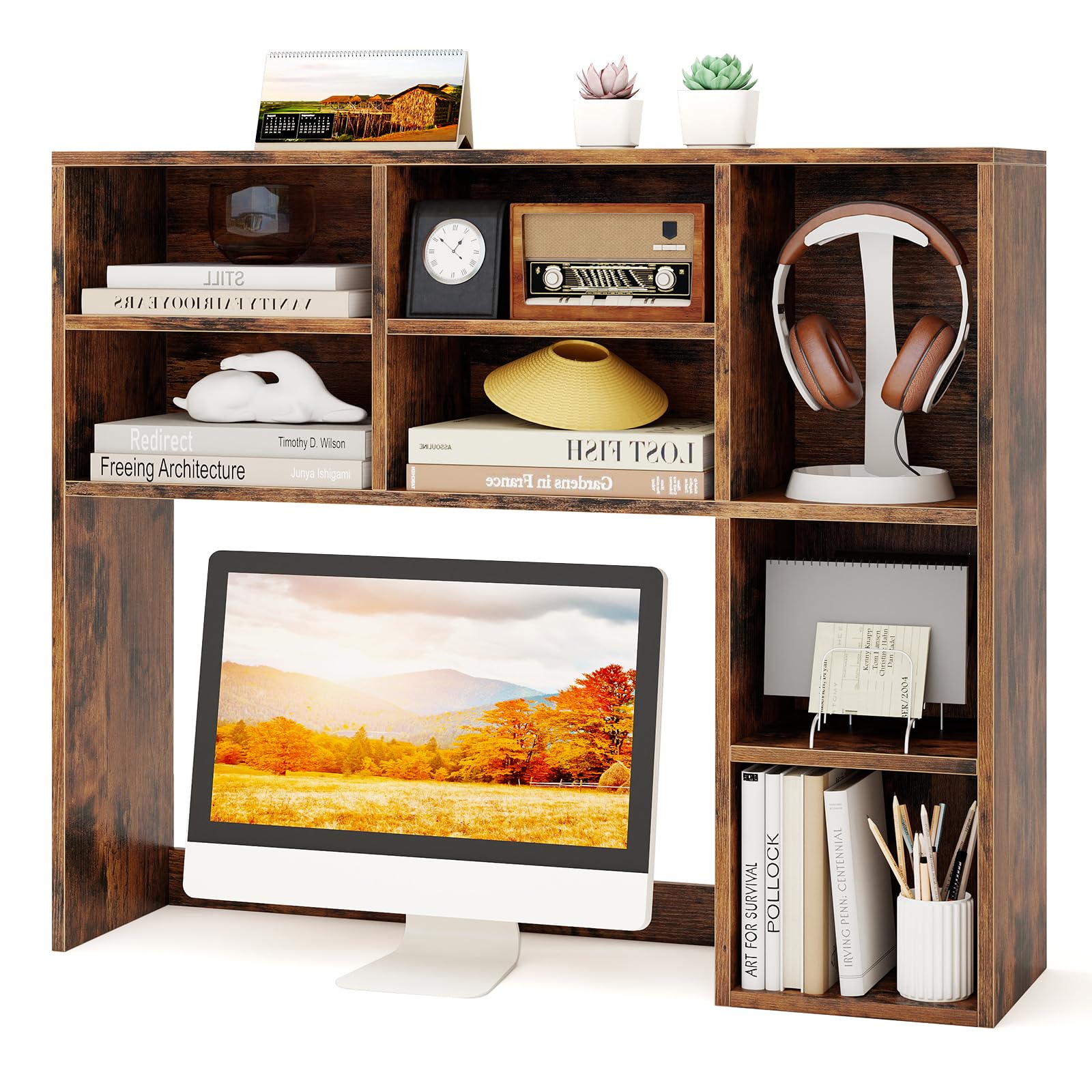Tangkula Desktop Bookshelf 37" Countertop Storage Hutch with 7 Cubes & 3 Adjustable Shelves